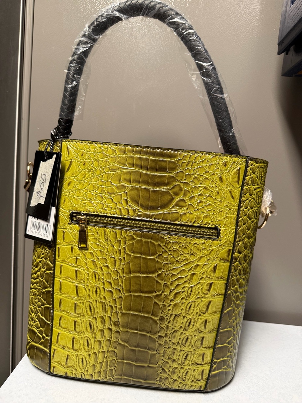 Yellow Croc-Embossed Tote Bag with Top Handle 2 in 1 bucket and crossbody bag